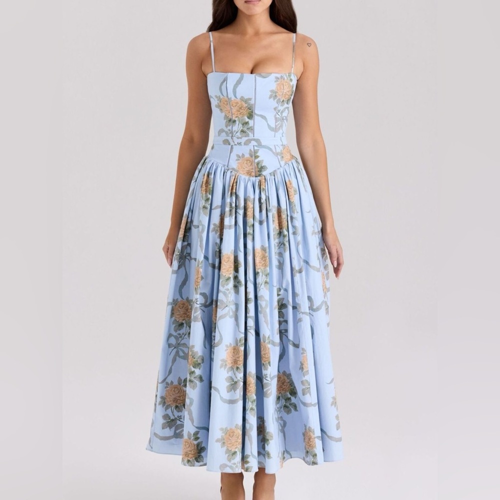 NWT Romantic Floral Midi Dress with Bustier Top & Ruffle Hem Size S-L summer - Picture 2 of 12